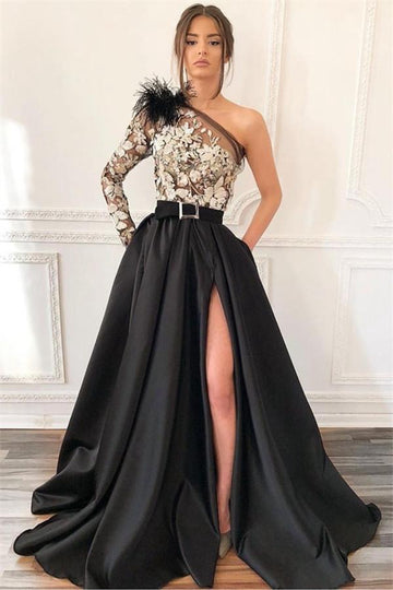 Black One Shoulder Side Slit Feather Applique Prom Gowns JTE115