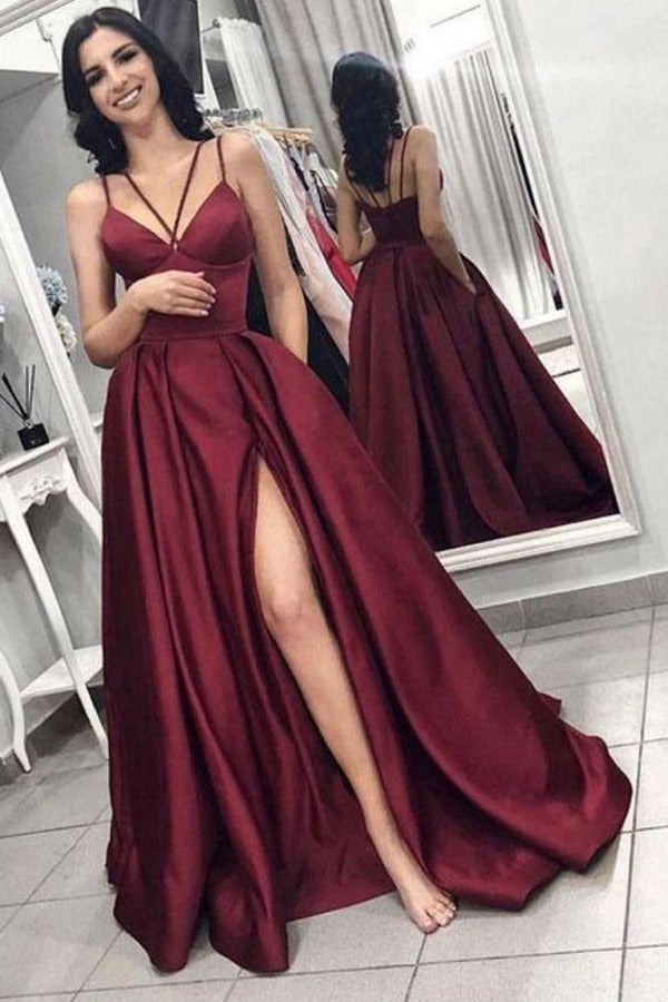 Front Split Burgundy Straps A-Line Prom Gowns JTE117