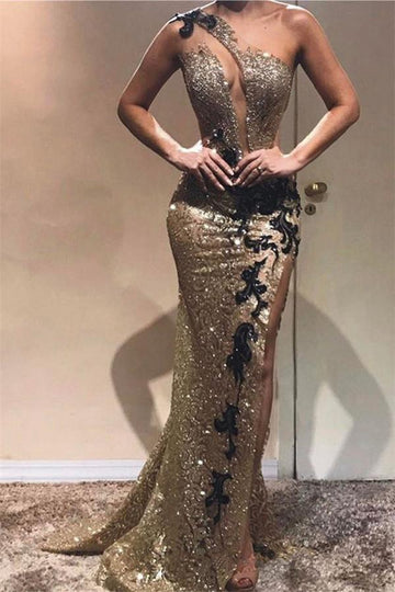 Sheath One Shoulder Sequins Applique Evening Gowns JTE119