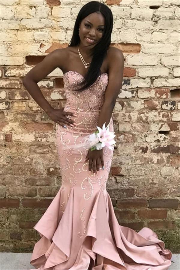 Pink Mermaid Ruffles Crystal Prom Gown JTE125