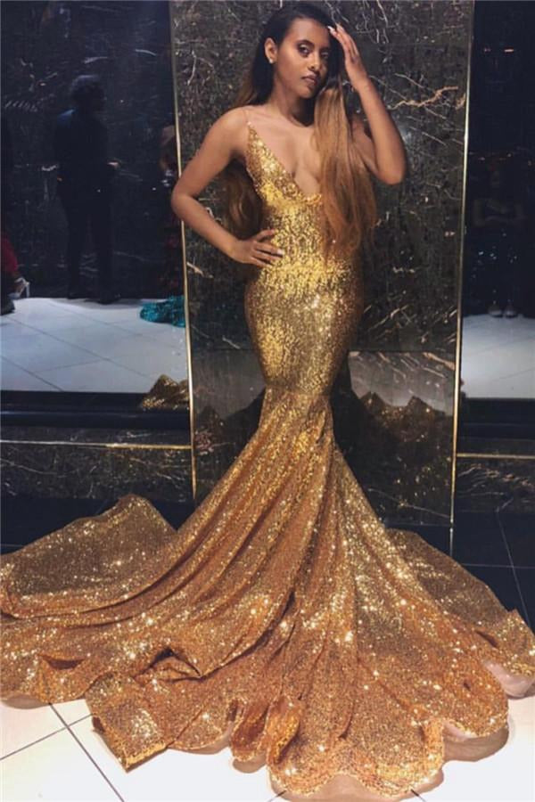 Trendy Gold Mermaid Spaghetti Straps V-Neck Sequins Evening Gowns JTE126