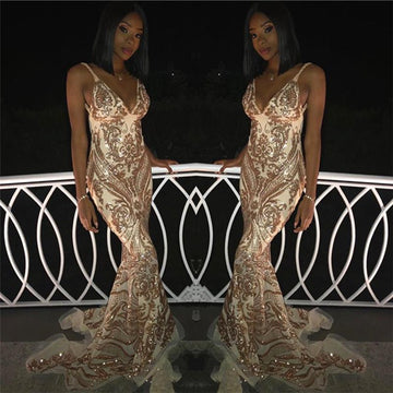V-Neck Spaghetti Straps Gold Appliques Mermaid Evening Gowns JTE127