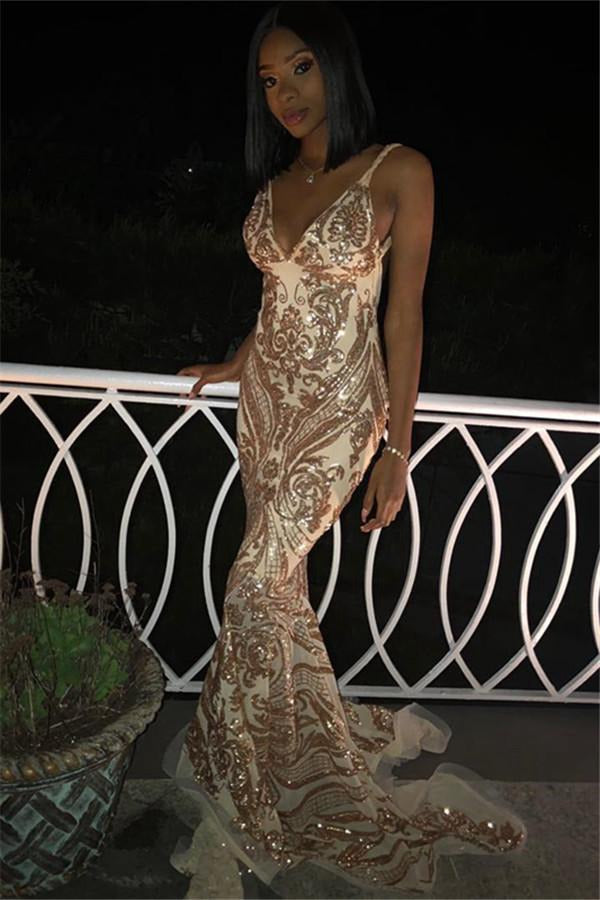 V-Neck Spaghetti Straps Gold Appliques Mermaid Evening Gowns JTE127