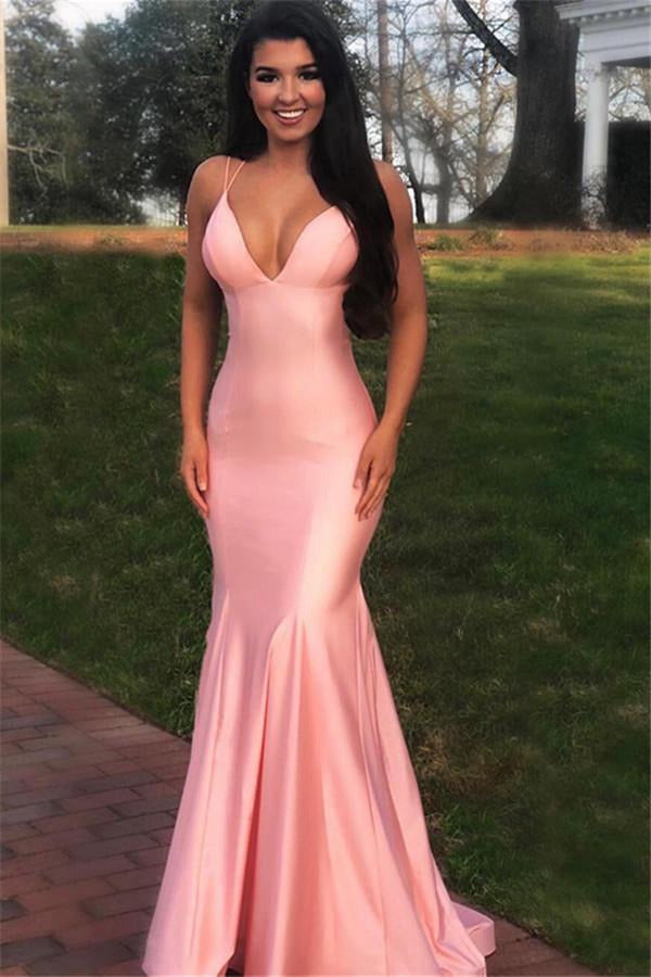 Pink Satin Spaghetti Straps Criss Cross Mermaid Prom Dress JTE128