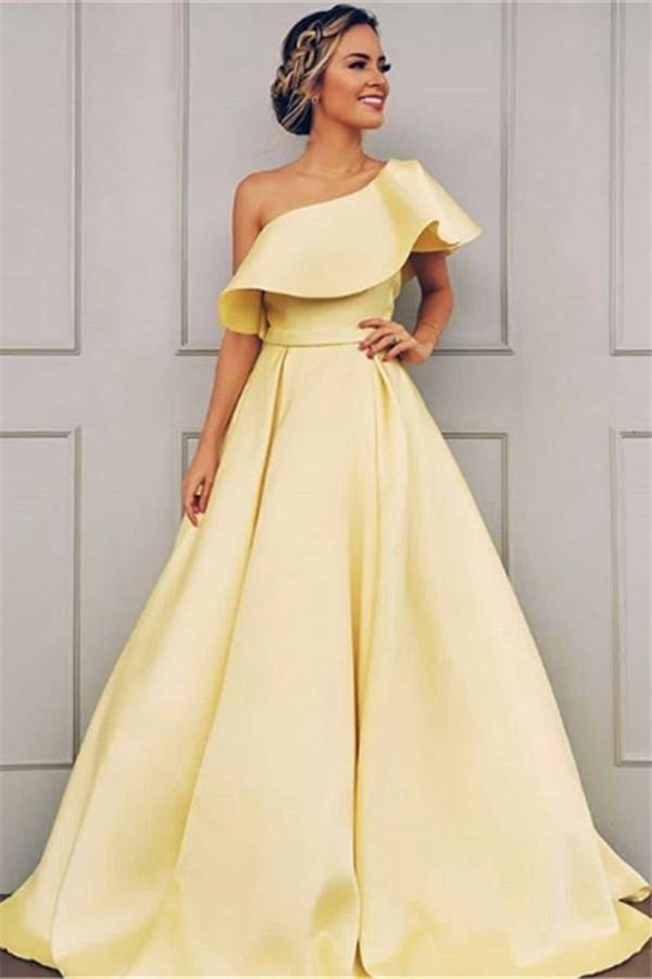 One Shoulder A-Line Yellow Prom Dress JTE129