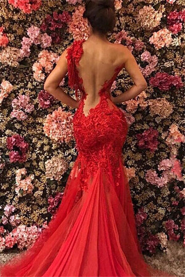 Red One Shoulder Lace Appliques Beading Mermaid Evening Gown JTE130