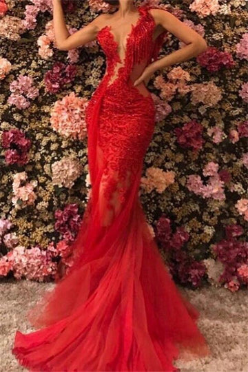 Red One Shoulder Lace Appliques Beading Mermaid Evening Gown JTE130