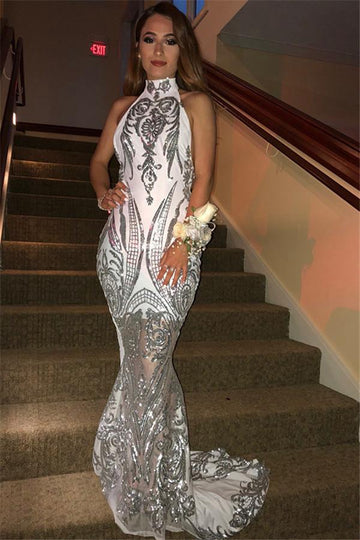 Halter White Silver Lace Appliques Mermaid Evening Gown JTE131
