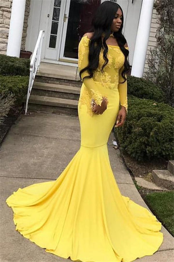 Yellow Off-the-Shoulder Long Sleeve Mermaid Evening Gown JTE132