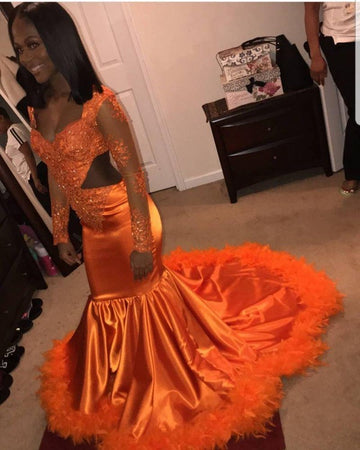 Orange V-Neck Long Sleeve Appliques Mermaid Prom Gown JTE134