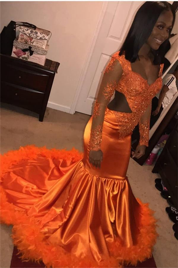 Orange V-Neck Long Sleeve Appliques Mermaid Prom Gown JTE134