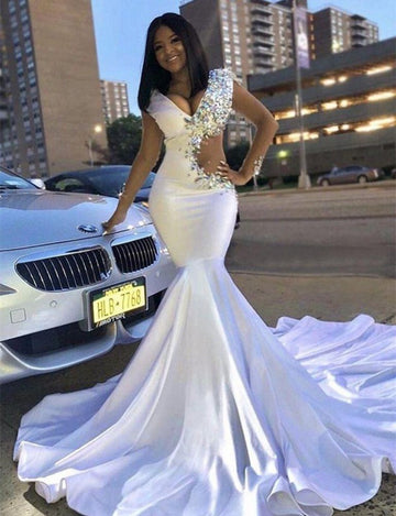 White V-Neck Lace Rhinestones Mermaid Evening Gown JTE136