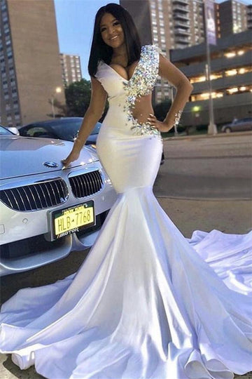White V-Neck Lace Rhinestones Mermaid Evening Gown JTE136