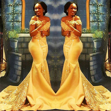 Yellow Off-the-Shoulder Sparkle Beads Appliques Mermaid Evening Gown JTE141