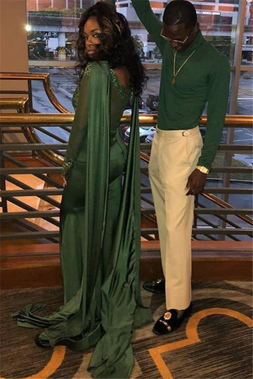 Dark Green Long Sleeve Appliques Mermaid Evening Gown JTE142