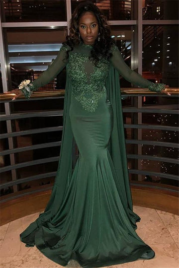 Dark Green Long Sleeve Appliques Mermaid Evening Gown JTE142