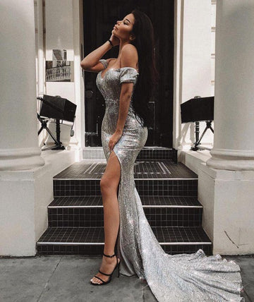 Silver Sexy Off-the-Shoulder Sheath Front Split Evening Gown JTE144