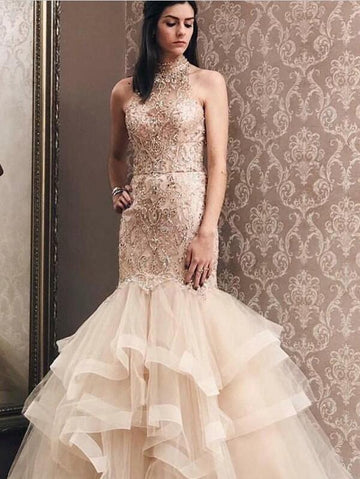 Mermaid Light Champagne Tulle High Neck Beading Evening Gown JTE147