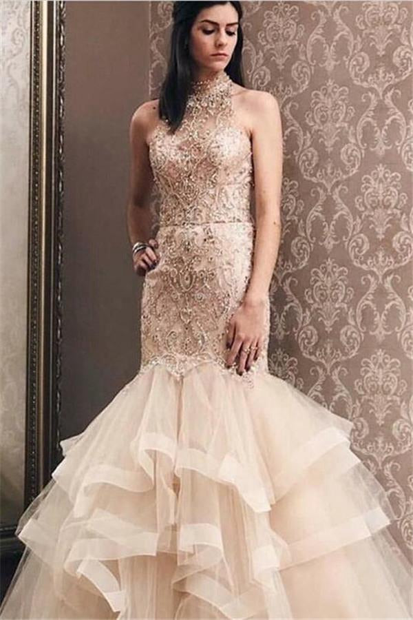 Mermaid Light Champagne Tulle High Neck Beading Evening Gown JTE147