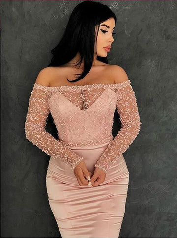 Pink Mermaid Off-the-Shoulder Long Sleeves Lace Evening Gown JTE148
