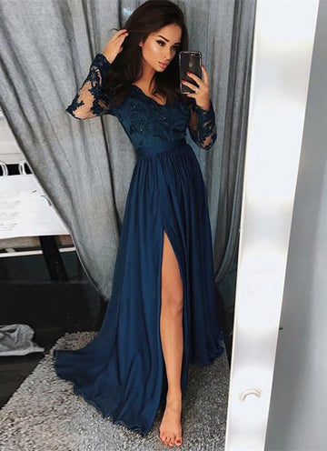 Navy Blue Long Sleeves Lace Front Split Evening Gown JTE150