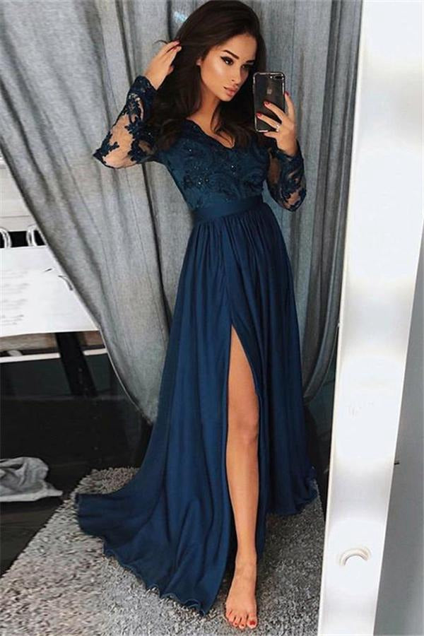 Navy Blue Long Sleeves Lace Front Split Evening Gown JTE150