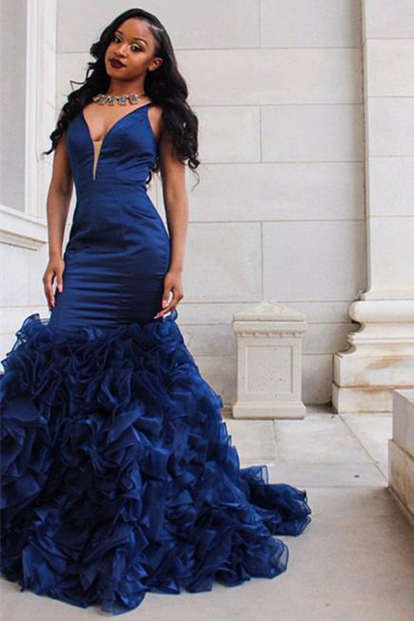 Plus Size Dark Blue V-Neck Ruffles Mermaid Evening Gown JTE151