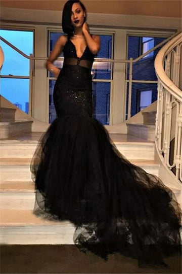 Sexy V-Neck Mermaid Black Evening Gown JTE153