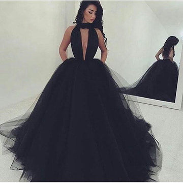 Black Halter V-Neck Tulle Ball-Gown Puffy Prom Dress JTE160