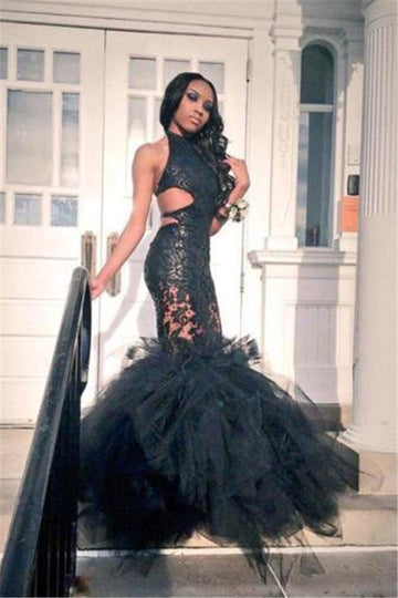 Black Trumpet Lace Tulle Ruffles Prom Dress JTE161