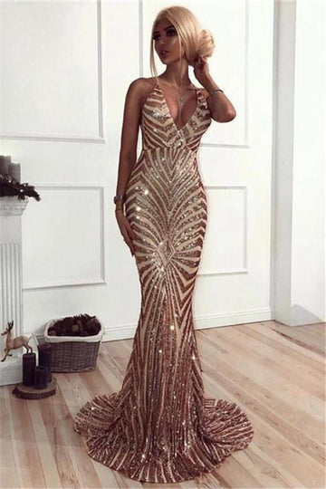 Petite V-Neck Mermaid Sequins Evening Gown JTE162