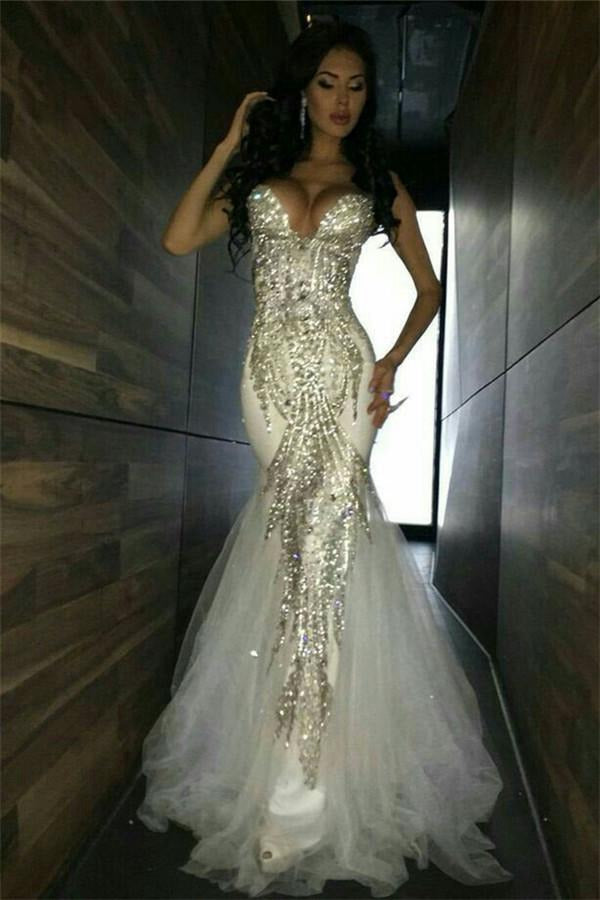 Sweetheart White Crystal Mermaid Evening Gown JTE165