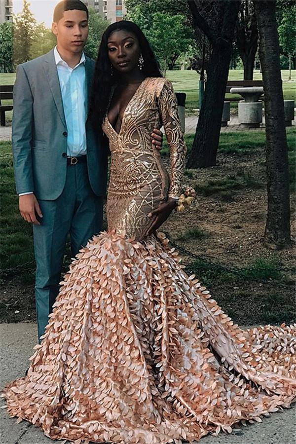 Long Sleeve V-Neck Applique Mermaid Evening Gown JTE167