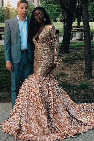 Long Sleeve V-Neck Applique Mermaid Evening Gown JTE167