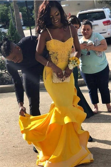 Yellow Appliques Spaghetti-Straps Ruffles Evening Gown JTE168