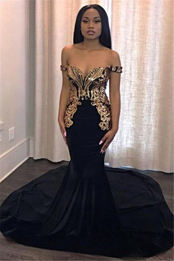Black Off-the-Shoulder Gold Appliques Mermaid Evening Gown JTE170