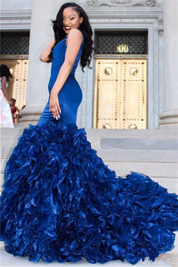 Royal Blue Ruffles V-neck Mermaid Evening Gown JTE171