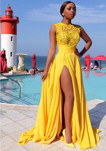 Yellow Chiffon Side Slit High Neck Prom Dress JTE172
