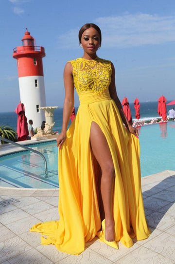 Yellow Chiffon Side Slit High Neck Prom Dress JTE172