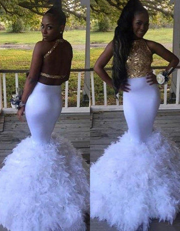 Mermaid Halter Appliques White Prom Dress JTE173