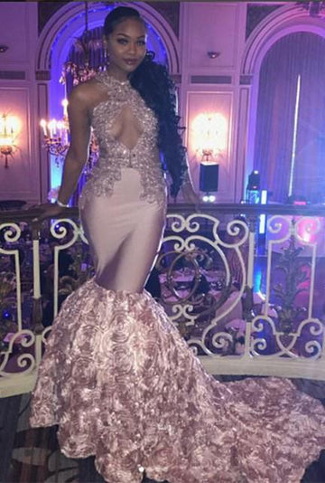 Pink Halter Lace Mermaid Evening Gown JTE174
