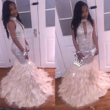 White Mermaid High Neck Crystals Evening Gown JTE175