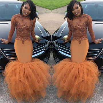 Dusty Orange Lace Appliques Mermaid Long Sleeve Evening Gown JTE176