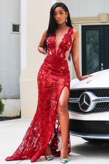 Sexy Deep V-Neck Red Lace Appliques Split Front Evening Gown JTE178