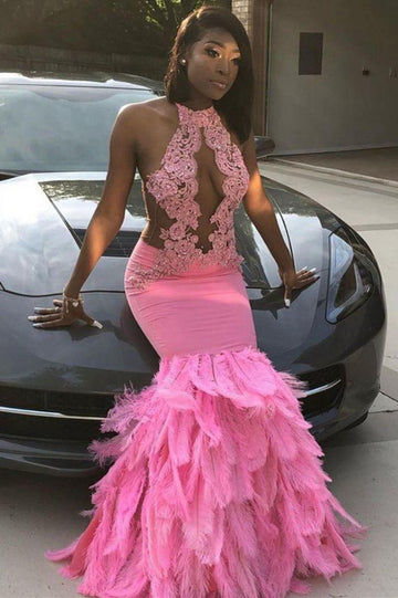 Pink Halter Mermaid Feather Appliques Evening Gown JTE179
