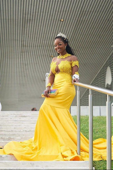 Plus Size Yellow Long Sleeves Mermaid Evening Gown JTE183