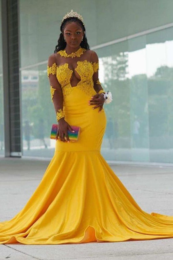 Plus Size Yellow Long Sleeves Mermaid Evening Gown JTE183