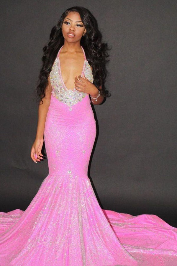 Halter Pink Mermaid Evening Gown JTE187