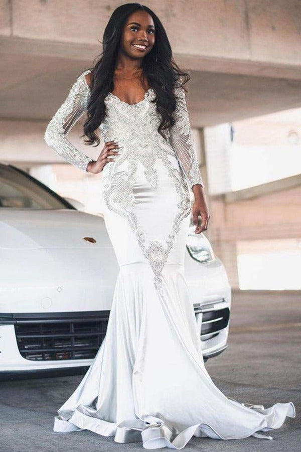 White Mermaid Long Sleeve Lace Appliques Evening Gown JTE189