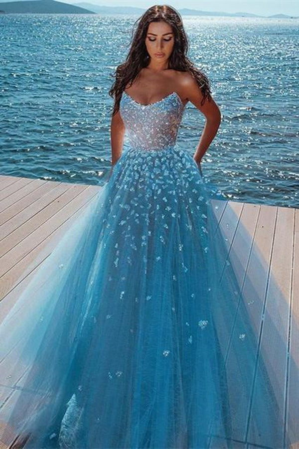 Ocean Blue Butterfly Sweetheart Tulle Sparkle Princess Prom Dress JTE1